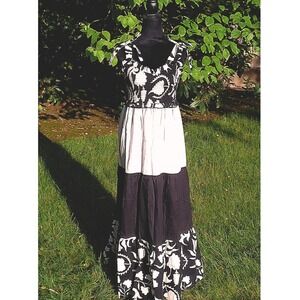 100% Cotton Maxi Dress Size‎ (L) - Summer Tiered Smocked Bow Tie Black & Cream
